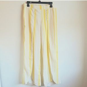 Cato yellow cream stripe button wide leg slit pleated elastic palazzo panta
